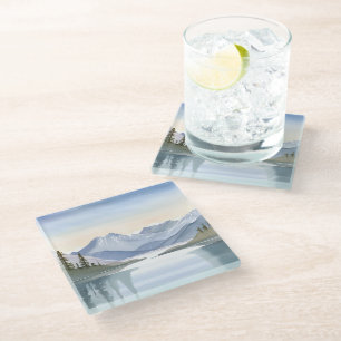 Lake Tahoe Watercolor Mountain Landscape Glass Coaster