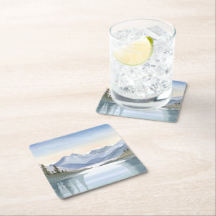 Lake Tahoe Watercolor Mountain Landscape Square Paper Coaster