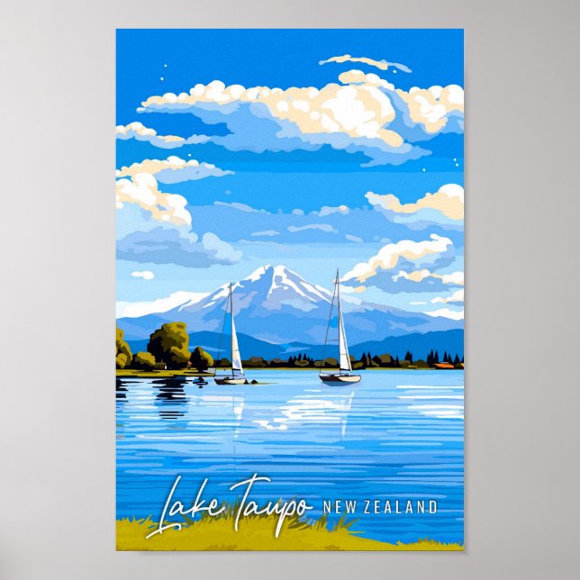 Lake Taupo New Zealand vintage travel illustration Poster (Front)