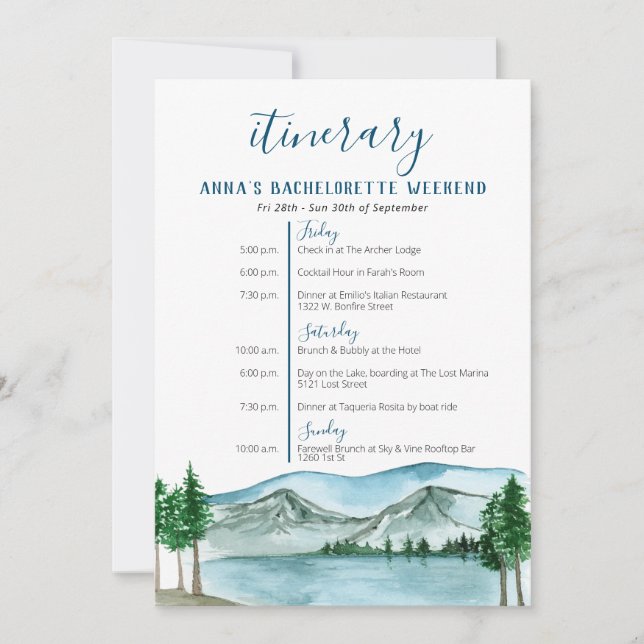 Lake Themed Bachelorette Itinerary Invitation (Front)
