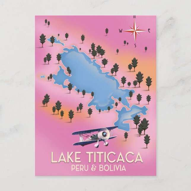 Lake Titicaca, peru, Bolivia lake map travel art Postcard (Front)