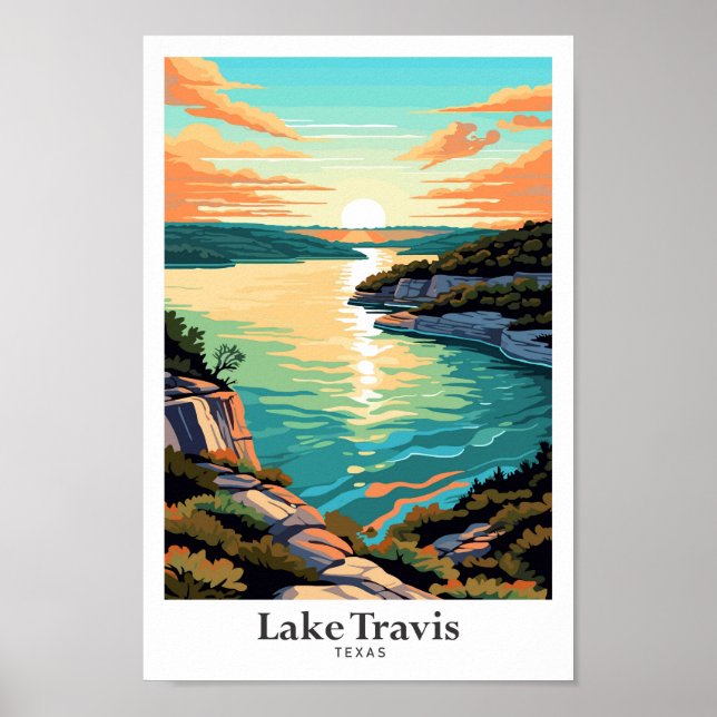 Lake Travis Texas Art Vintage Travel Illustration Poster (Front)
