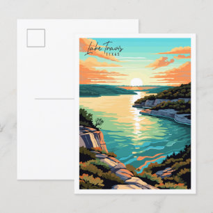 Lake Travis Texas USA vintage travel illustration Postcard