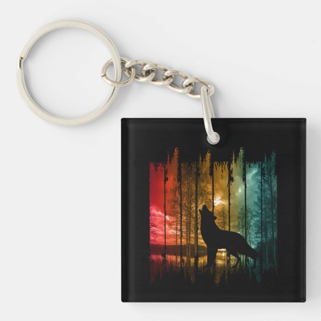 LAKE TREES WOLF HOWLING KEY RING (Front)