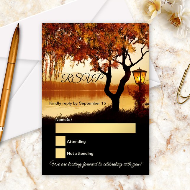 Lake View Tree Fall Wedding RSVP Card (RSVP card featuring a colorful autumn tree with festive lantern overlooking a romantic lake)