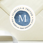 Lake Water Stain | Monogram Envelope Seal<br><div class="desc">Make a unique impression with this eye-catching monogram sticker.  It features a watercolor-styled blue stained spot towards the centre.  Outside of this blue stain is a spot for your unique address details. On the inside of the blue spot sits your monogram in white.</div>
