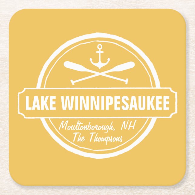 Lake Winnipesaukee NH custom town, name, anchor Square Paper Coaster (Front)