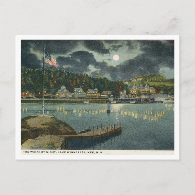 Lake Winnipesaukee, NH The Weirs at Night 1910s Postcard (Front)