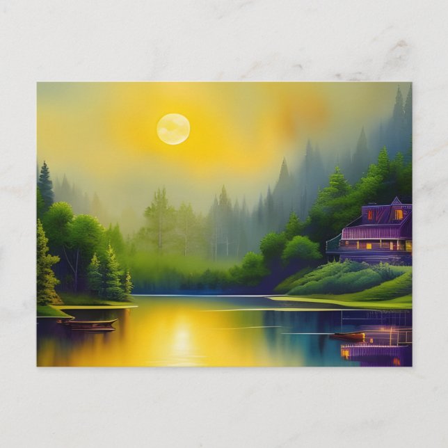 Lakehouse Sunrise Reflections Digital Art Postcard (Front)