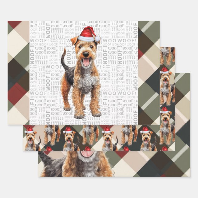 Lakeland Terrier Christmas Dog Red and Green Plaid Wrapping Paper Sheet (Set)