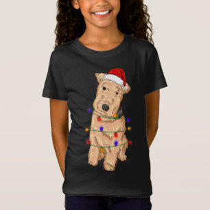 Lakeland Terrier Dog Wearing Christmas Hat Lights T-Shirt