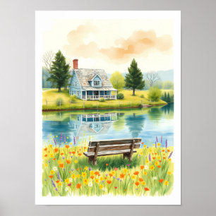 Lakeside Cottage Watercolor Art Print