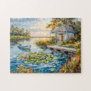 Lakeside Fishing Cottage with Water Lilies Jigsaw Puzzle