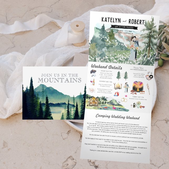 Lakeside Mountain Camping | Illustrated Wedding Tri-Fold Invitation (Creator Uploaded)