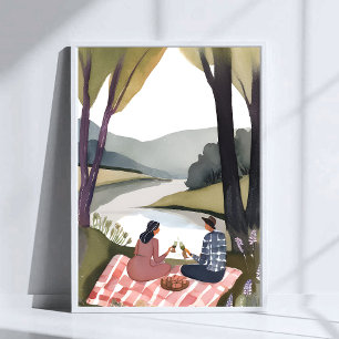 Lakeside Picnic   Nature Watercolor Painting Poster