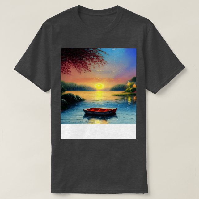 Lakeside Sunset Boat View T-Shirt (Design Front)