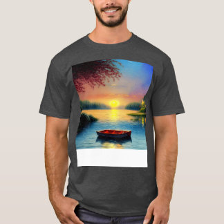 Lakeside Sunset Boat View T-Shirt