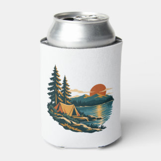 Lakeside Sunset Tent and Pines Camping Can Cooler