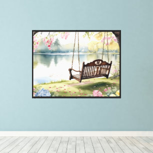 Lakeside Swing in Romantic Watercolor Garden Canvas Print