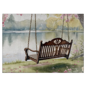 Lakeside Swing in Romantic Watercolor Garden Cutting Board