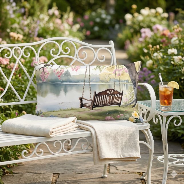 Lakeside Swing in Romantic Watercolor Garden Lumbar Cushion (Lakeside Swing in Romantic Watercolor Garden Lumbar Pillow Mockup A)