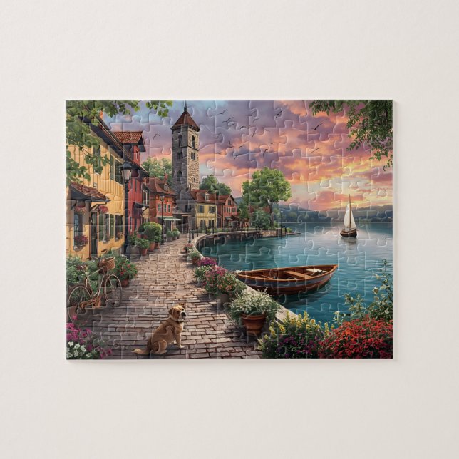 Lakeside Village Sunset Dog Jigsaw Puzzle (Horizontal)