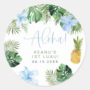 LALANI Tropical Blue Hibiscus Luau 1st Birthday Classic Round Sticker
