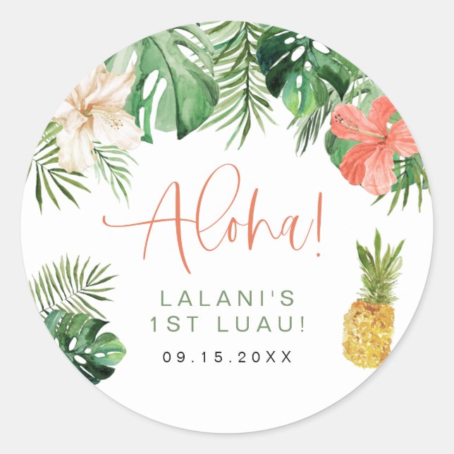 LALANI Tropical Pink Hibiscus Luau 1st Birthday Classic Round Sticker (Front)