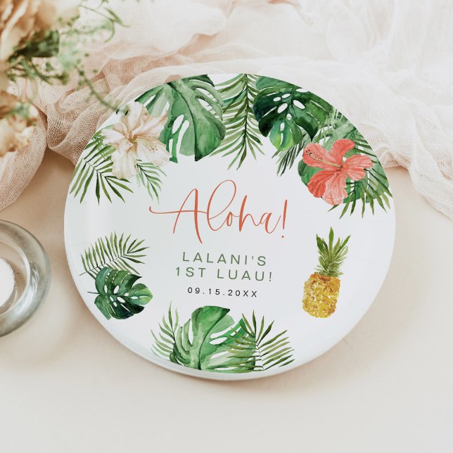 LALANI Tropical Pink Hibiscus Luau 1st Birthday Paper Plate (Creator Uploaded)