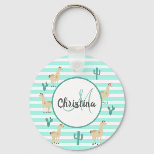 Lama and cactus on green white stripes name key ring
