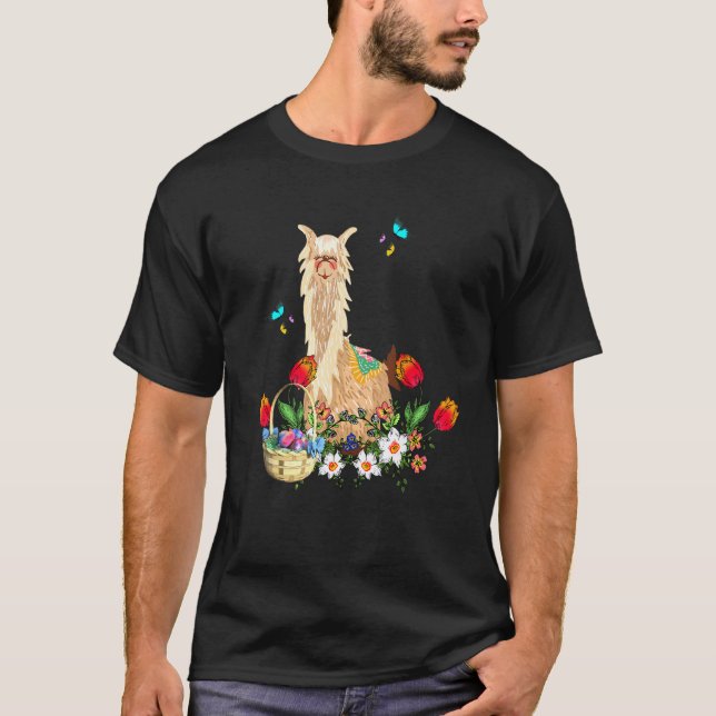 Lama Llama With Easter Eggs Basket T-Shirt (Front)