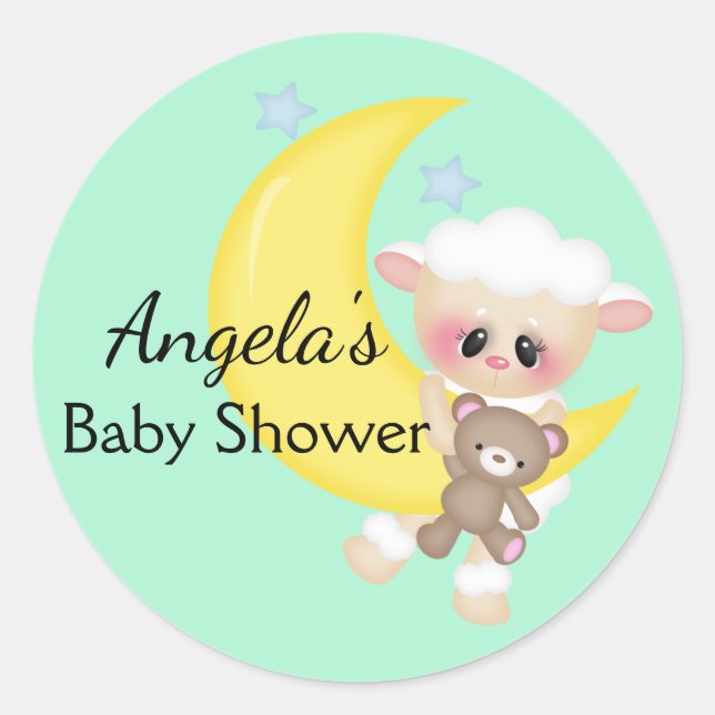 Lamb and Crescent Moon Baby Shower Classic Round Sticker (Front)
