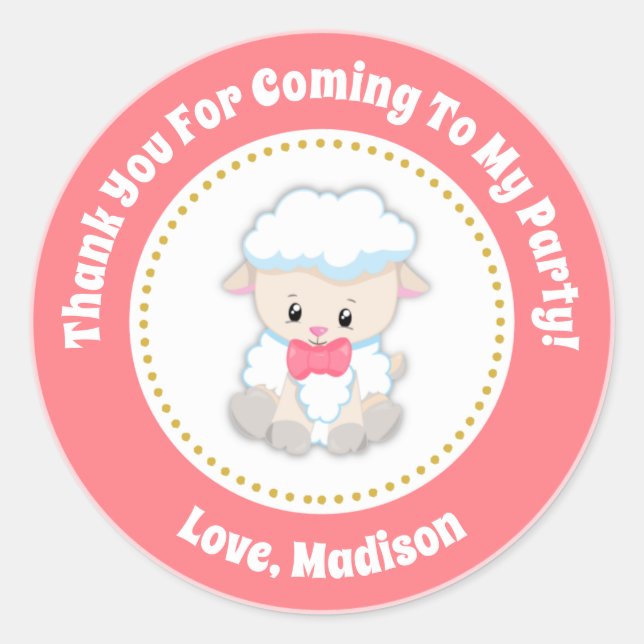 Lamb Birthday Party Favour Stickers Pink Girl (Front)