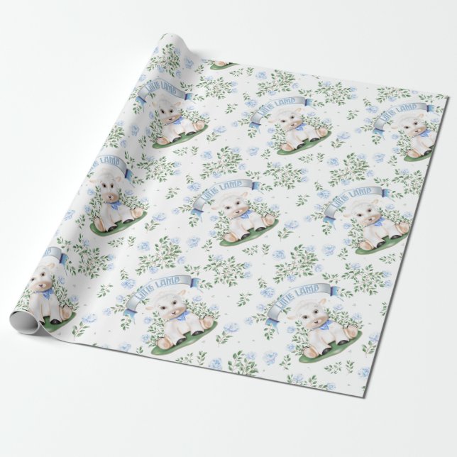 Lamb Blue Floral Baby Shower Wrapping Paper (Unrolled)