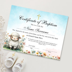 Lamb Certificate of Baptism, Baby Dedication