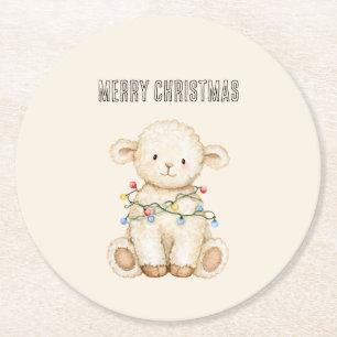 Lamb Christmas Tree Lights Round Paper Coaster
