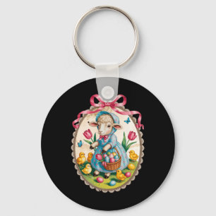 Lamb Easter Bunny Egg Hunt Vintage Spring Pink Bow Key Ring