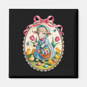 Lamb Easter Bunny Egg Hunt Vintage Spring Pink Bow Magnet
