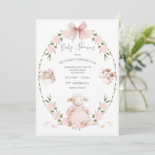 Lamb Floral Hydrangeas Pink Girl Baby Shower Invitation