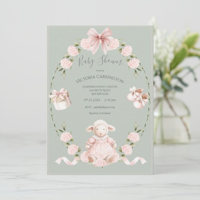 Lamb Floral Hydrangeas Pink Sage Girl Baby Shower Invitation (Standing Front)