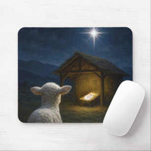 Lamb Gazing at Baby Jesus In a Manger Mouse Pad