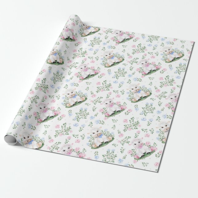 Lamb Gender Reveal Baby Shower Wrapping Paper (Unrolled)