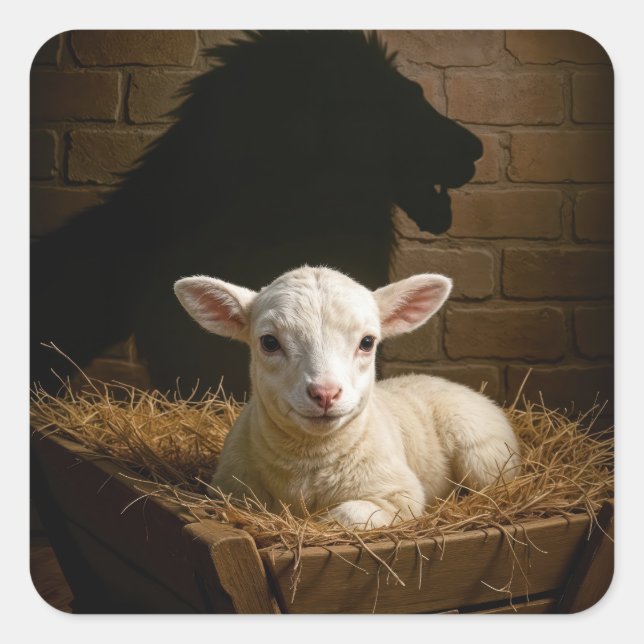 Lamb In a Manger With Lion Shadow Square Sticker (Front)