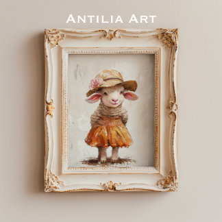 Lamb in Skirt Painting Vintage Farm Animal Sheep Poster