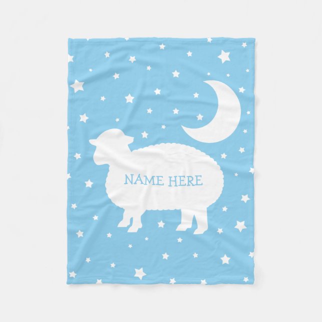 Lamb Moon & Stars Baby Blue & White  Fleece Blanket (Front)