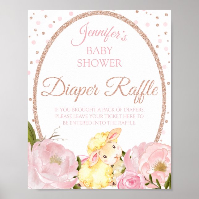 Lamb Pink Peony and Rose Baby Shower Diaper Raffle Poster (Front)