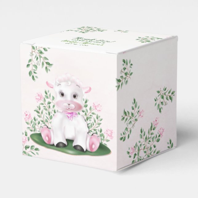 Lamb Pink Roses Floral Baby Shower Favour Box (Front Side)