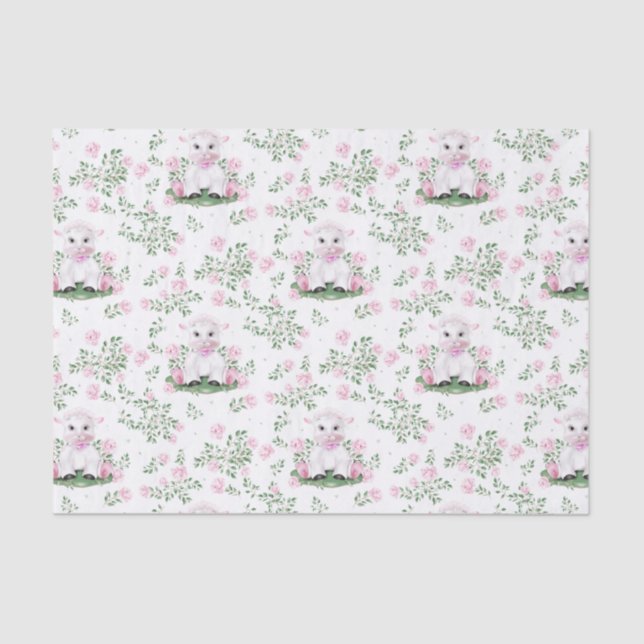Lamb Pink Roses Floral Baby Shower Tissue Paper (Front)