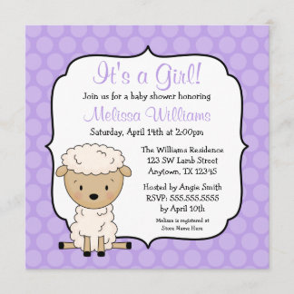 Lamb Purple Dots Girl Baby Shower Invitations