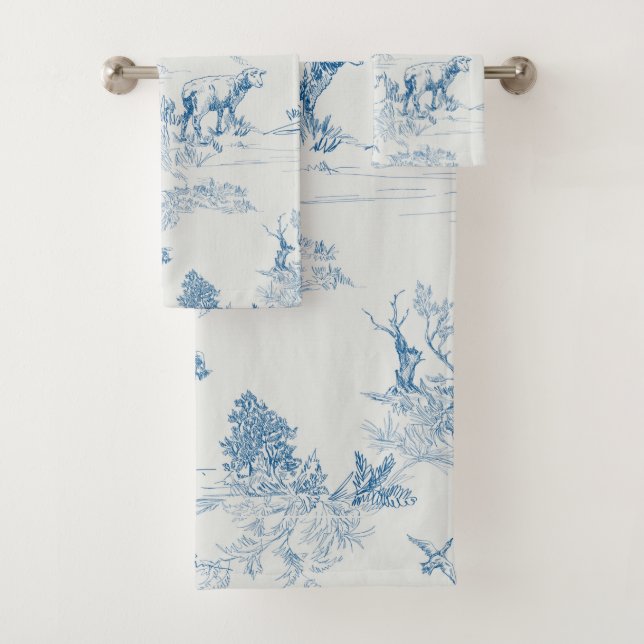 Lamb Sheep Blue Toile Bath Towel Set (Insitu)